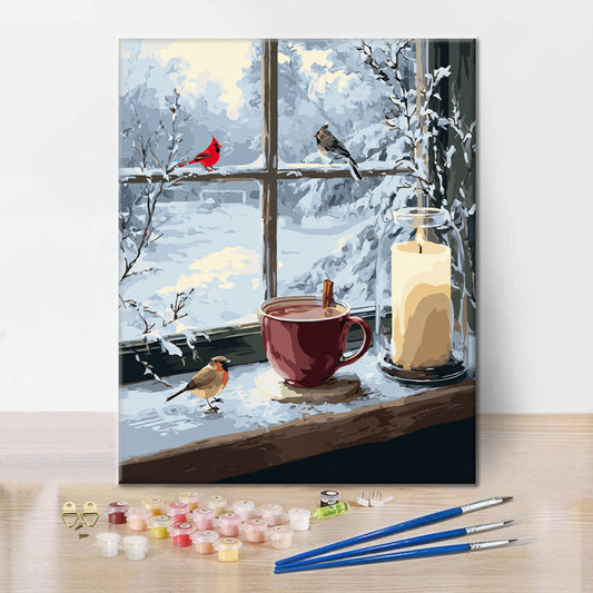 Zimná okenná scéna - Maľovanie podľa čísel