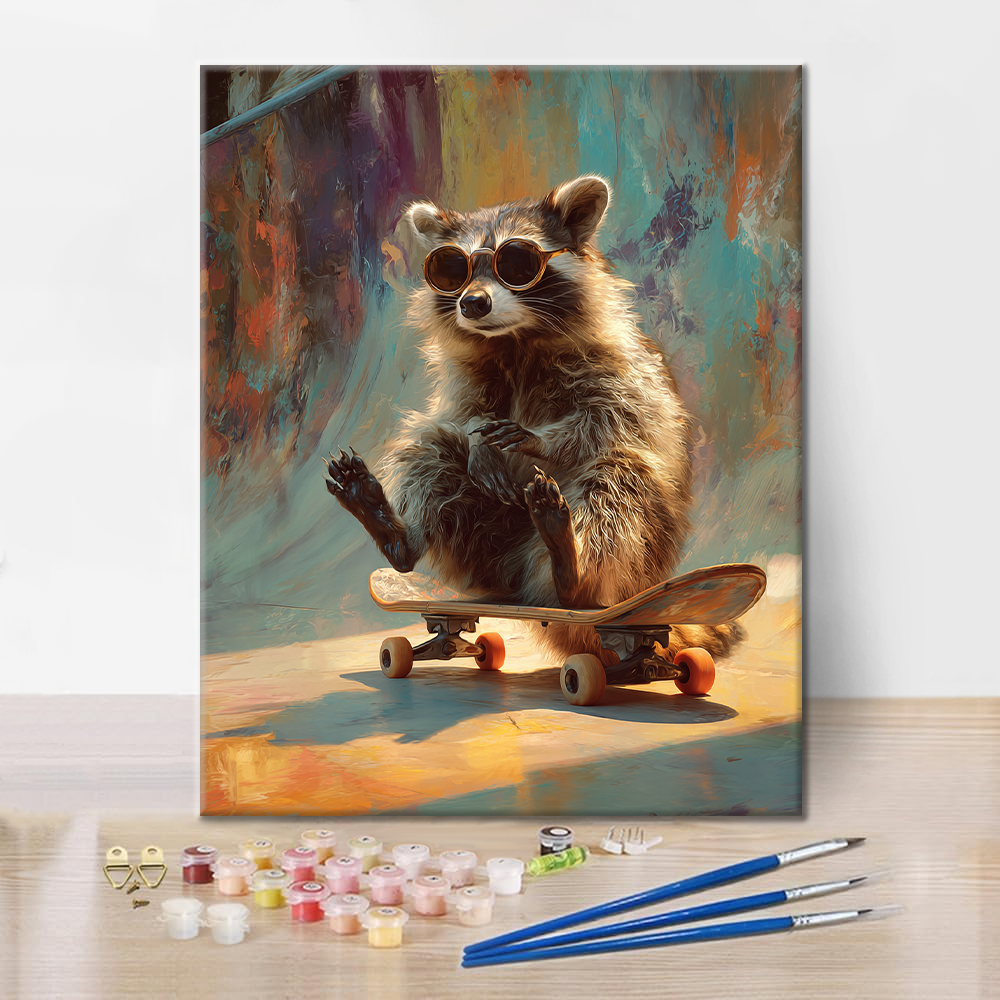 Maľovanie podľa čísel - Skateboard s mývalom
