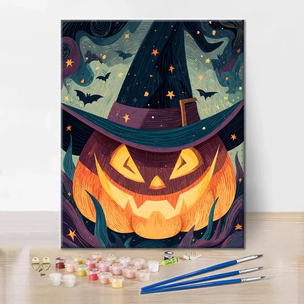 Jack-o'-Lanterna s čarodejníckym klobúkom - Maľovanie podľa čísel