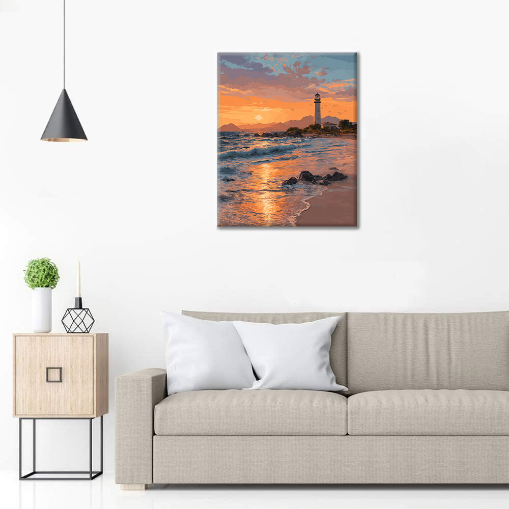 Maják pri západe slnka - Maľovanie podľa čísel