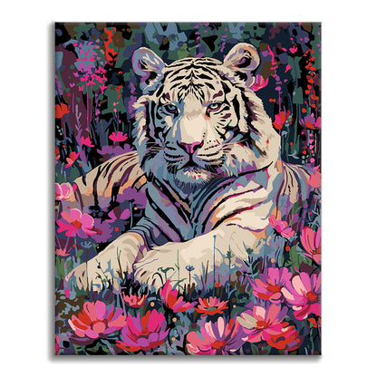 Biely tiger a kvety - Maľovanie podľa čísel