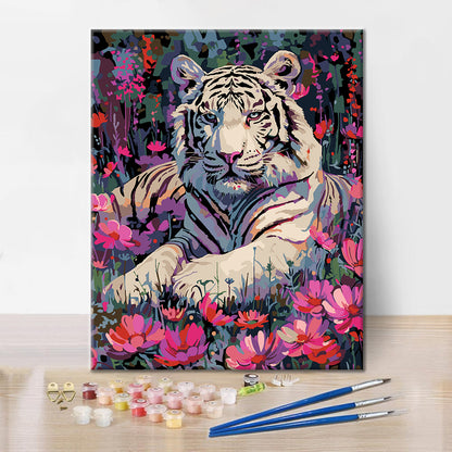Biely tiger a kvety - Maľovanie podľa čísel