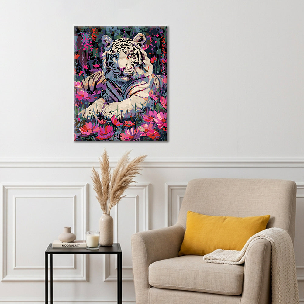 Biely tiger a kvety - Maľovanie podľa čísel