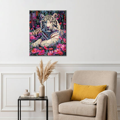 Biely tiger a kvety - Maľovanie podľa čísel