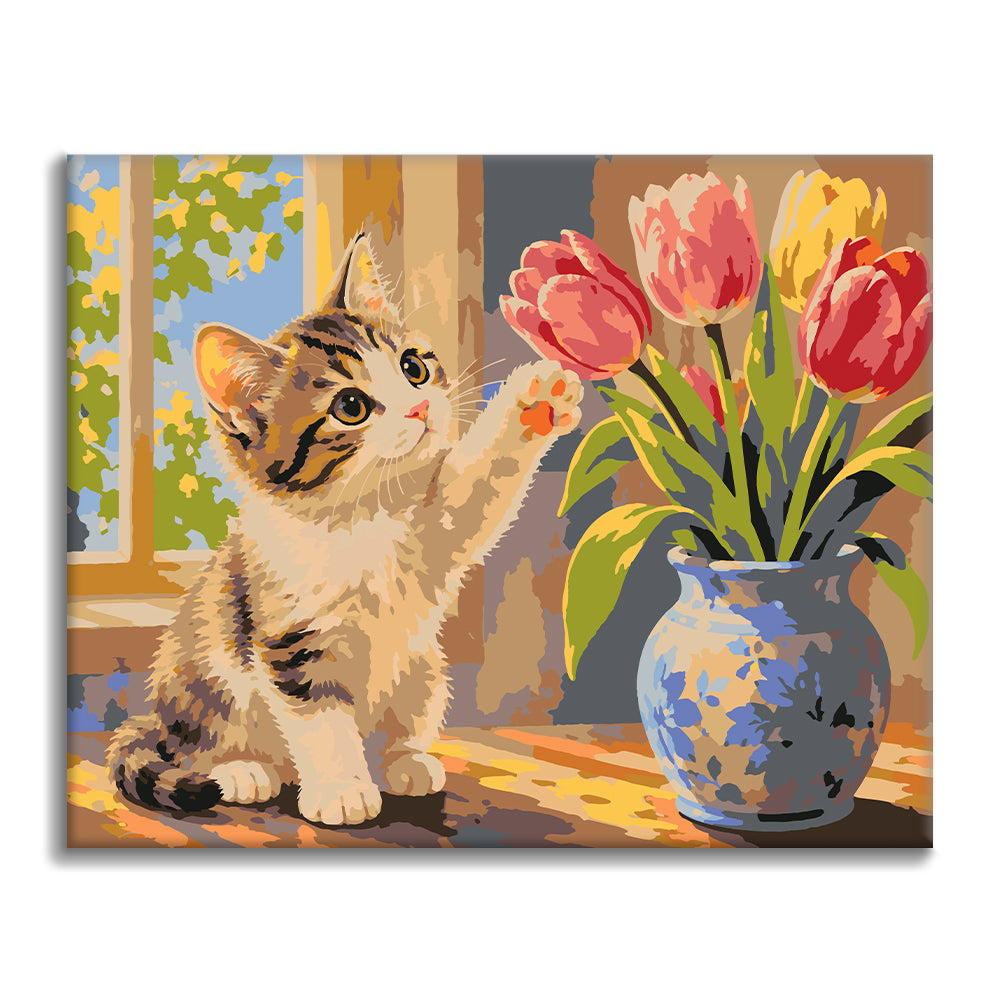 Mačiatko a tulipány – Maľovanie podľa čísel