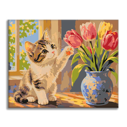 Mačiatko a tulipány – Maľovanie podľa čísel