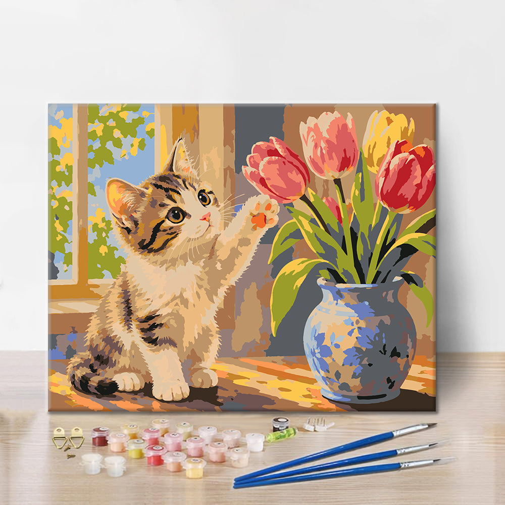 Mačiatko a tulipány – Maľovanie podľa čísel