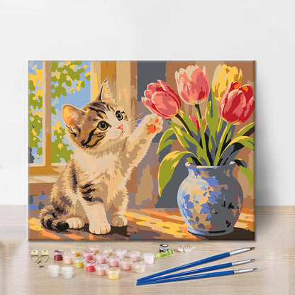 Mačiatko a tulipány – Maľovanie podľa čísel