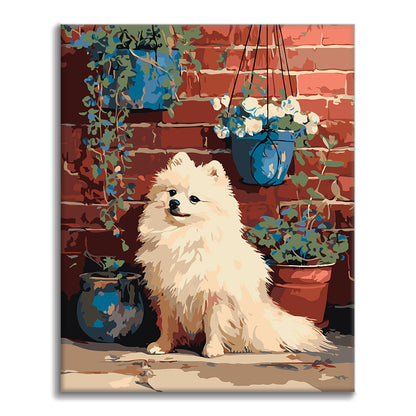Pomeranian pri tehlovej stene – Maľovanie podľa čísel