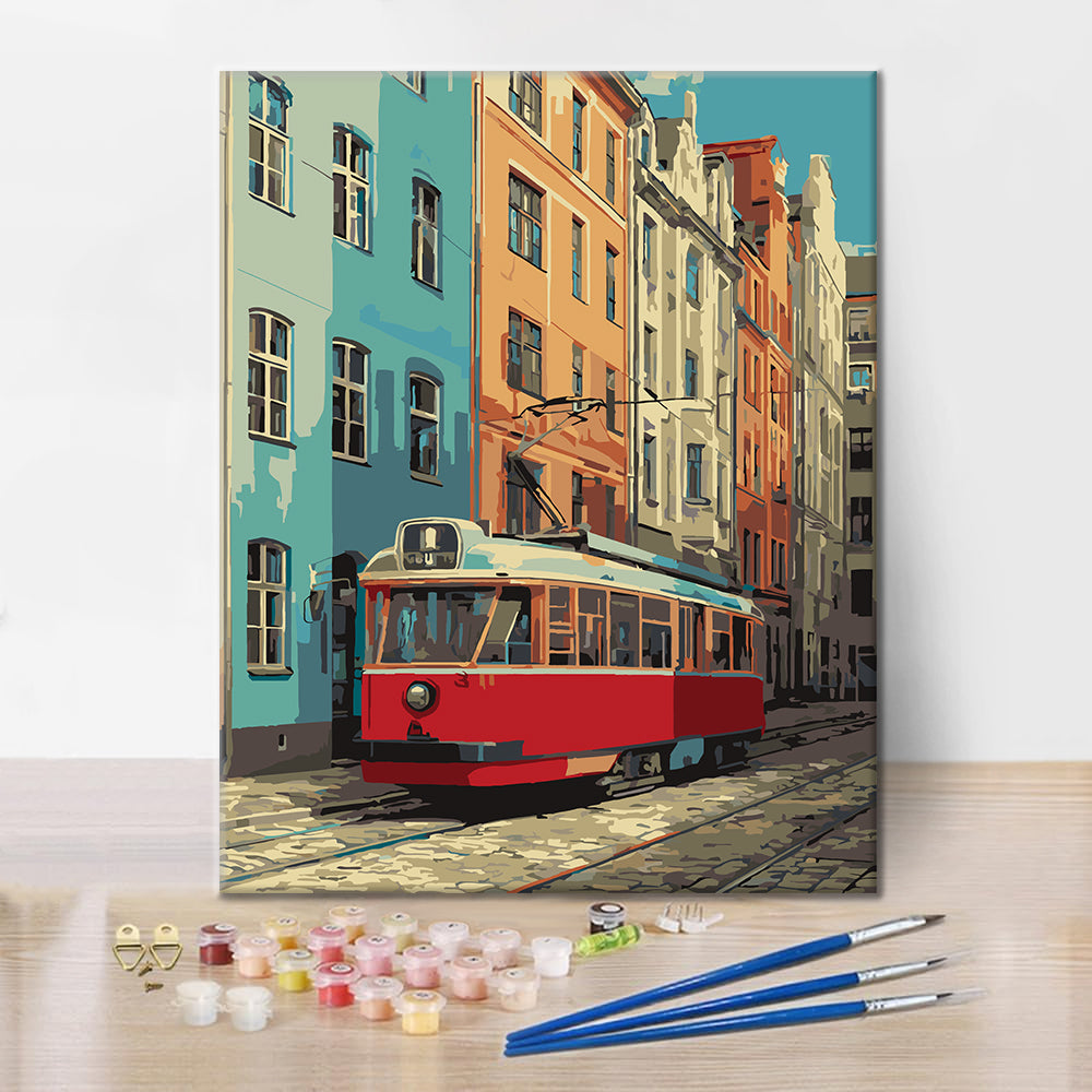 Vintage červená električka – Maľovanie podľa čísel