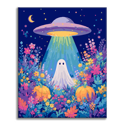 UFO a duch v kvetinovom poli – Maľovanie podľa čísel