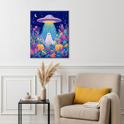 UFO a duch v kvetinovom poli – Maľovanie podľa čísel