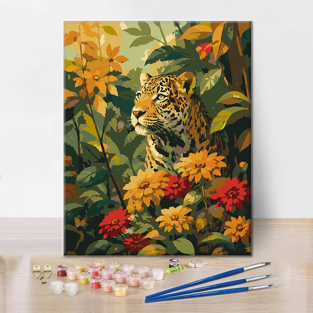 Leopard medzi tropickými kvetmi – Maľovanie podľa čísel