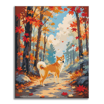 Shiba Inu v jesennom lese – Maľovanie podľa čísel